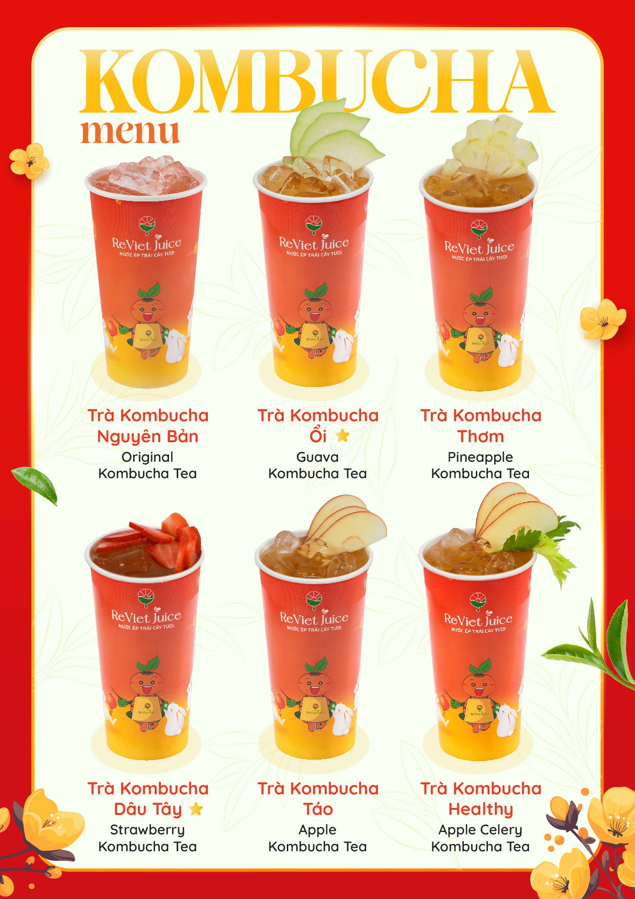 các món trà Kombucha mix nước ép trái cây của ReViet